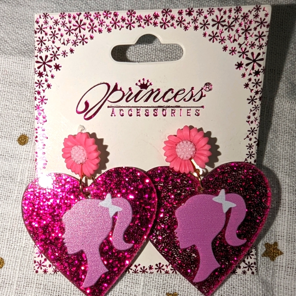 💖 BARBIE Earrings! Glitter pink hearts! Handmade posts. 💖
